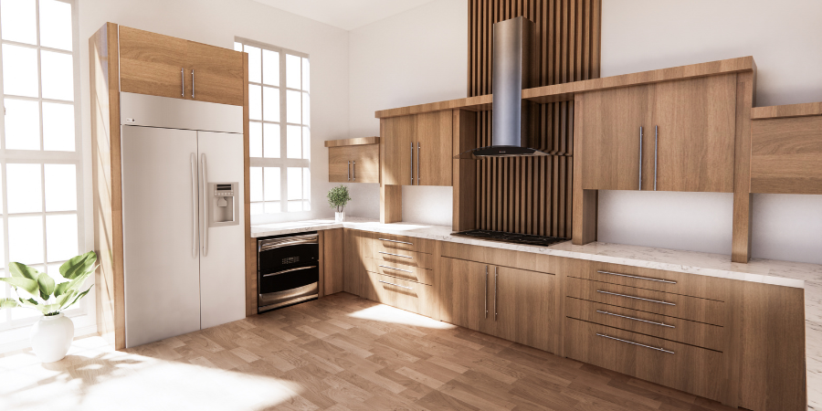modern kitchen with light wood slab cabinets and fluted wood