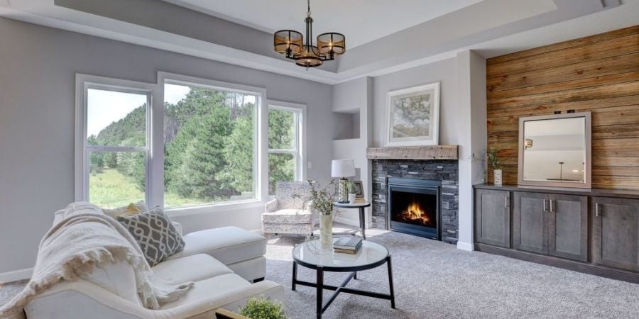 Beautiful Modern Living Room Featuring Off-White Furniture and a Wood Backsplash