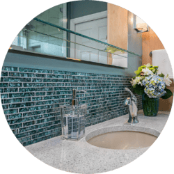Eclectic Tiles Bathroom Remodeling Trend Blue Textured Flake Tiles Glass Shelving
