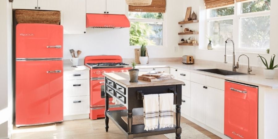 bright red colored kitchen appliances