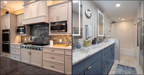 Side-by-side photos of a custom kitchen remodel with a large gas cooktop, dual microwaves, and a custom tile backsplash, and a remodeled bathroom with a herringbone tile shower surround and a curbless shower by Robinson Renovation & Custom Homes in Gainesville, FL.