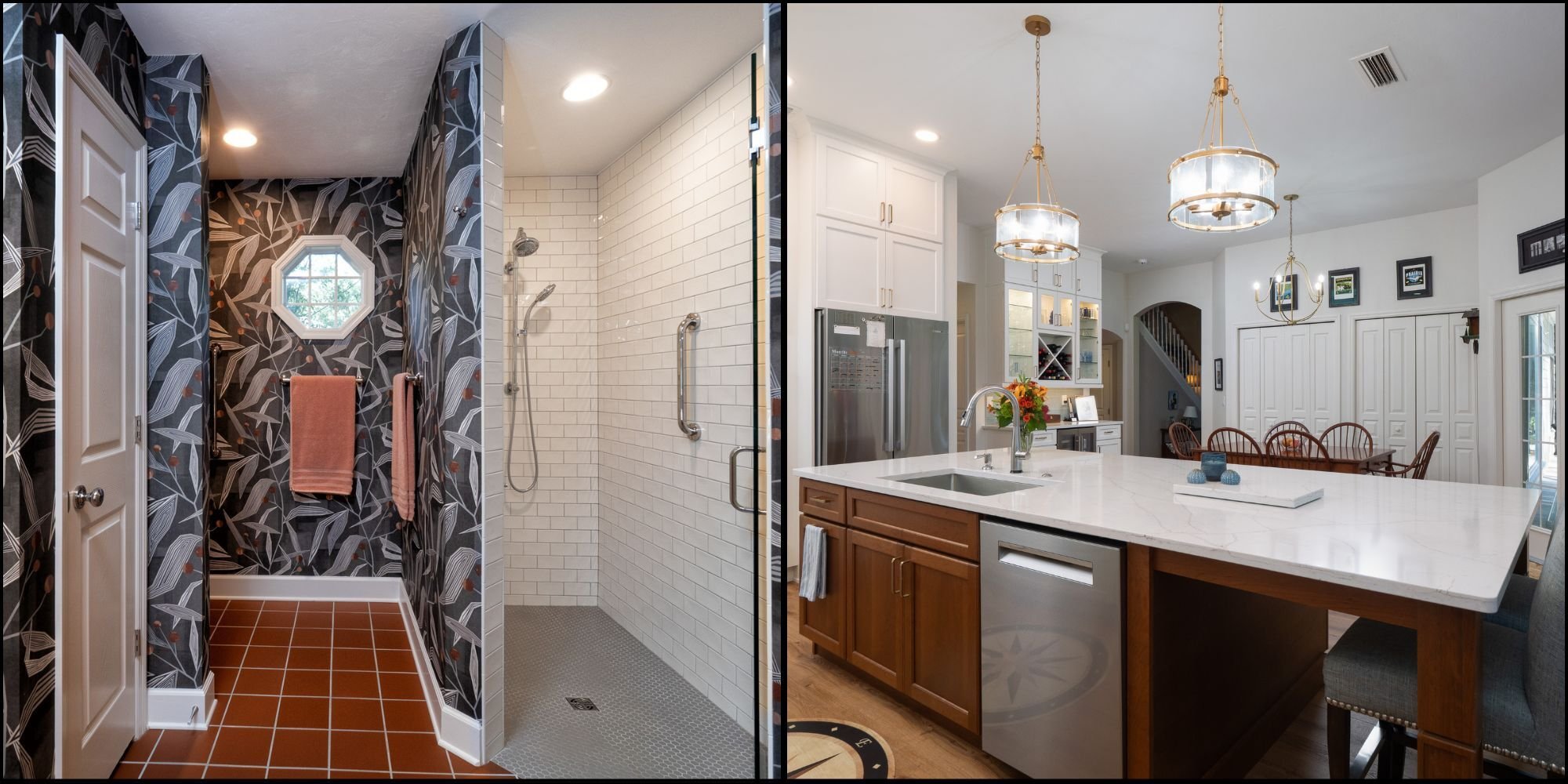 Side-by-side photos of a bathroom remodel with a curbless shower and floral wallpaper, and a custom kitchen remodel with a large island with a sink, dishwasher, and seating b