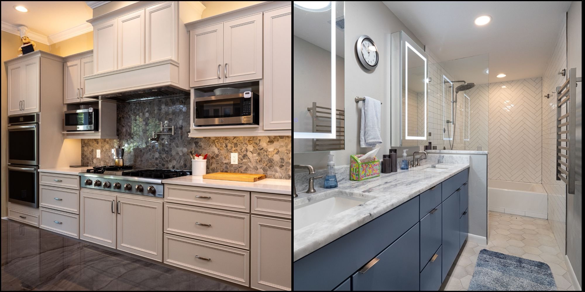 Side-by-side photos of a custom kitchen remodel with a large gas cooktop, dual microwaves, and a custom tile backsplash, and a remodeled bathroom with a herringbone tile show