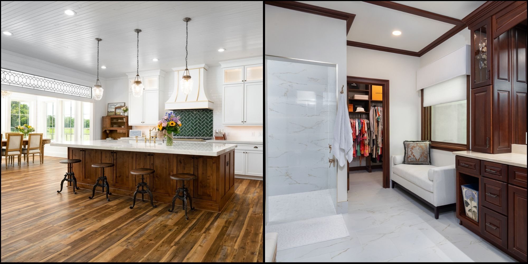 Side-by-side photos of a remodeled kitchen featuring a large island with seating, pendant lighting above, and a statement hood vent, and a custom bathroom remodel with a curb