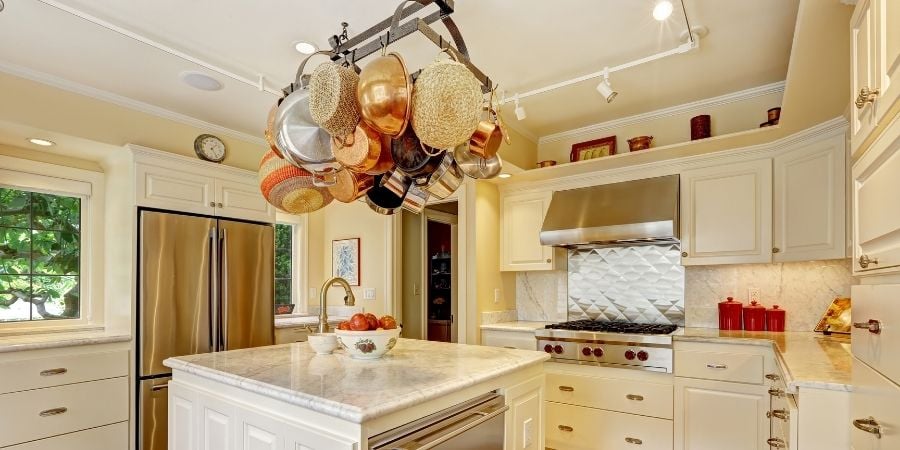 Hanging pot rack in outdated kitchen