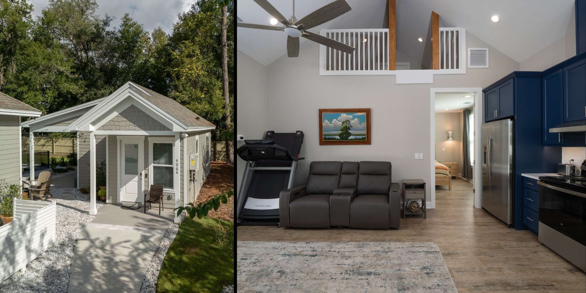 ADU exterior and interior - spacious living area with kitchen - RRCH of Alachua County, FL