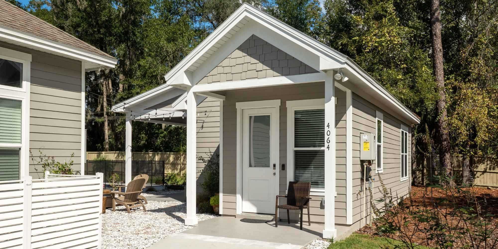 Front view of an ADU with a covered patio area on one side in Gainesville by Robinson Renovation & Custom Homes