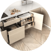 Kitchen cabinets with space saving solutions