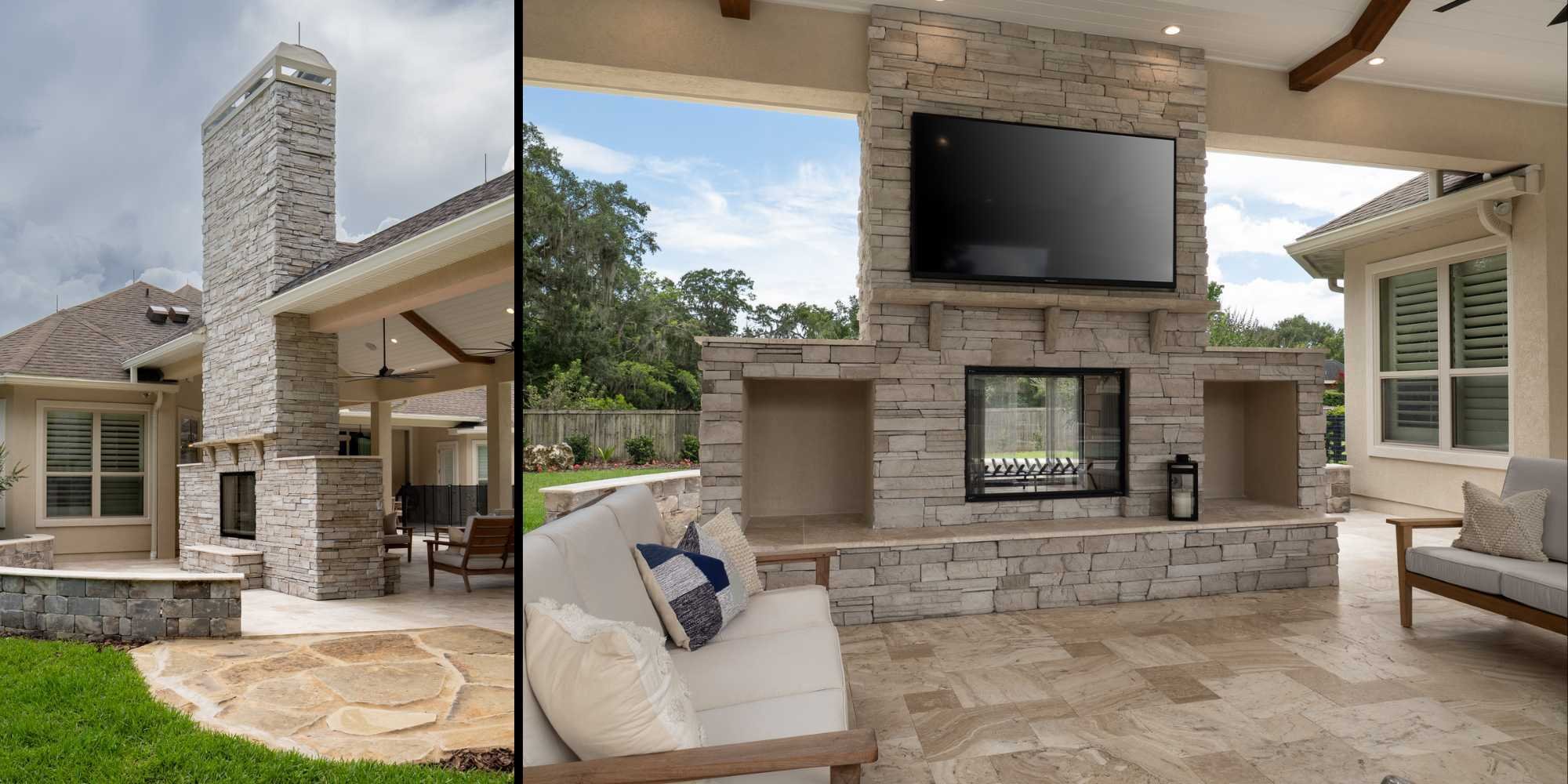 Patio fireplace on an outdoor living space by RRCH in Gainesville