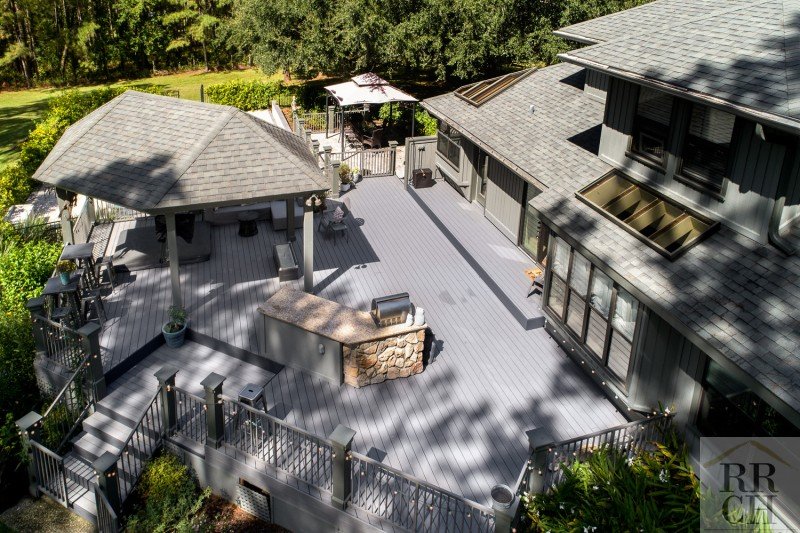 Aerial view of large outdoor patio & kitchen - Robinson Renovations - Gainesville Fl Design Build Remodeler and Custom Home Builder - outdoor kitchen materials