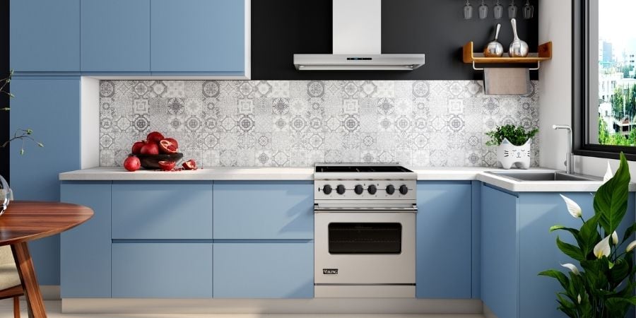 powder blue kitchen accented cabinets