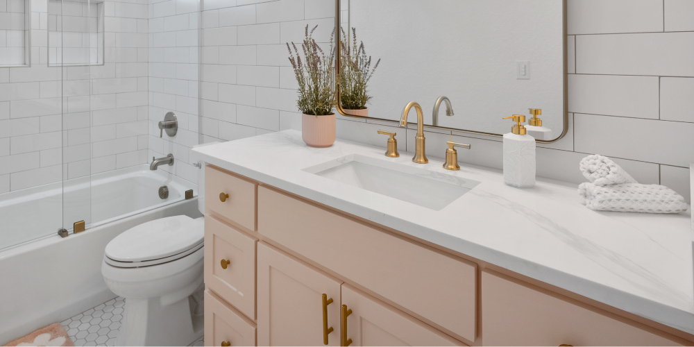 Stock Image of Blush Pink Bathroom Vanity