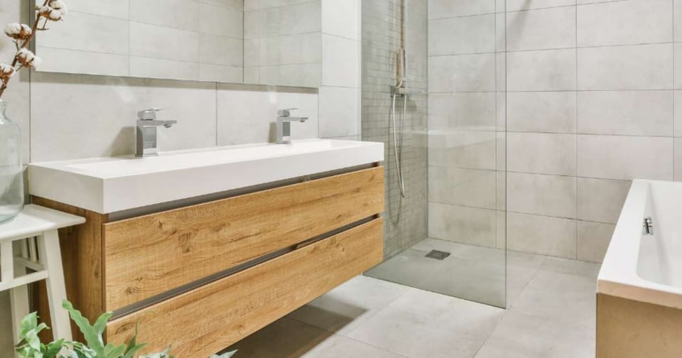 Floating Vanity in Remodeled Gainesville Bathroom with Curbless Shower