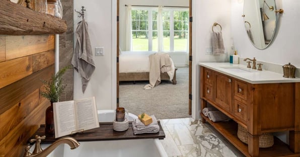 Luxury Bathroom Remodel with Rustic Details and Warm Natural Wood Vanity
