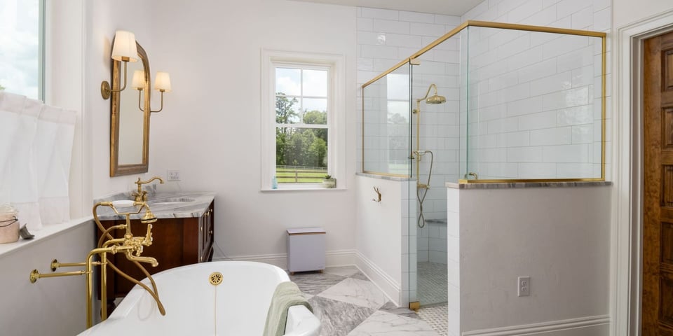 Primary Bathroom with Level Entry Shower and Large Soaking Tub - Gainesville Bathroom Remodel Design Build and Custom Home Builder