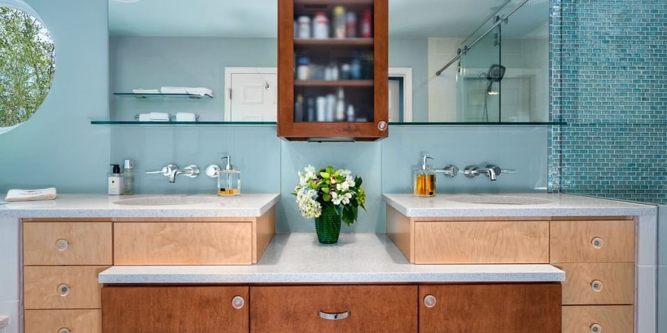 Robinson Renovations Quarries Blue bathroom remodel in Gainesville FL – custom design-build with 2025 style trends.
