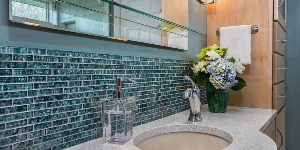 Textured Blue Tiles Modern Bathroom Glass Shelving Custom Homes - Gainesville Fl Design Build Remodeler and Custom Home Builder